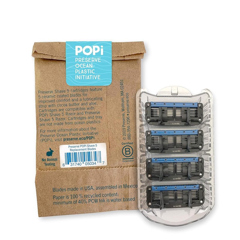 Preserve POPi Shave 5 Razor System - Eco-Friendly Ocean Plastic | Charcoal Grey & Replacement Cartridges (4 Count)