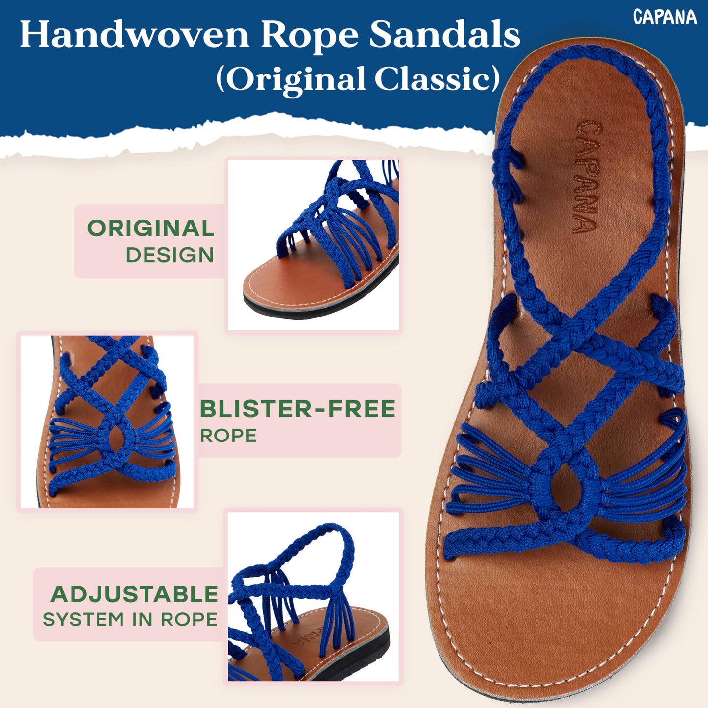 Capana (8 Woven Women's Flat Sandals - Casual Bohemian Rope Braided for Women Dressy Spring & Summer Sandal, Beach Comfy Boho Strappy Flats Womens Shoes for Teen Girls - Royal Blue (Relax)
