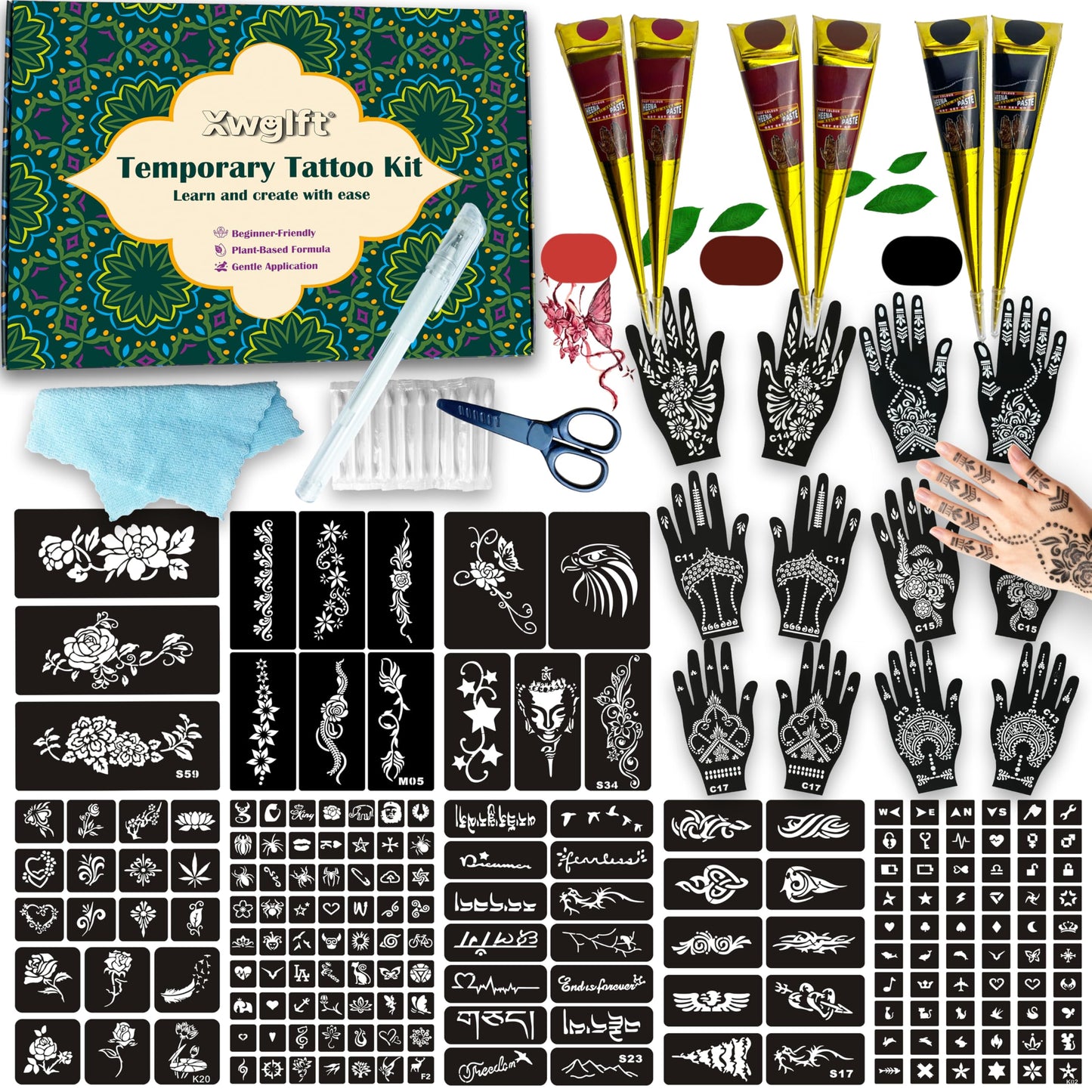 191 Pcs Temporary Tattoo Stencils Kit with 6 Tattoo Cones (2 Black, 2 Brown, 2 Dark Red), White Tattoo Outline Pen, Cotton Swabs & Towel | Perfect for Adults, Teens, Beginners, Family Fun & Parties