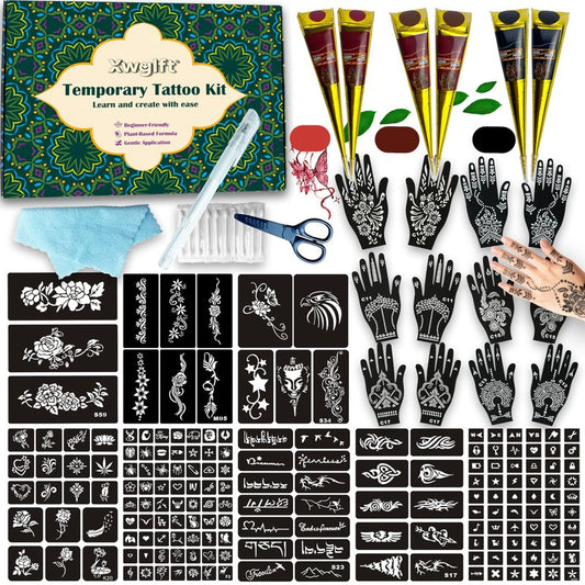 191 Pcs Temporary Tattoo Stencils Kit with 6 Tattoo Cones (2 Black, 2 Brown, 2 Dark Red), White Tattoo Outline Pen, Cotton Swabs & Towel | Perfect for Adults, Teens, Beginners, Family Fun & Parties