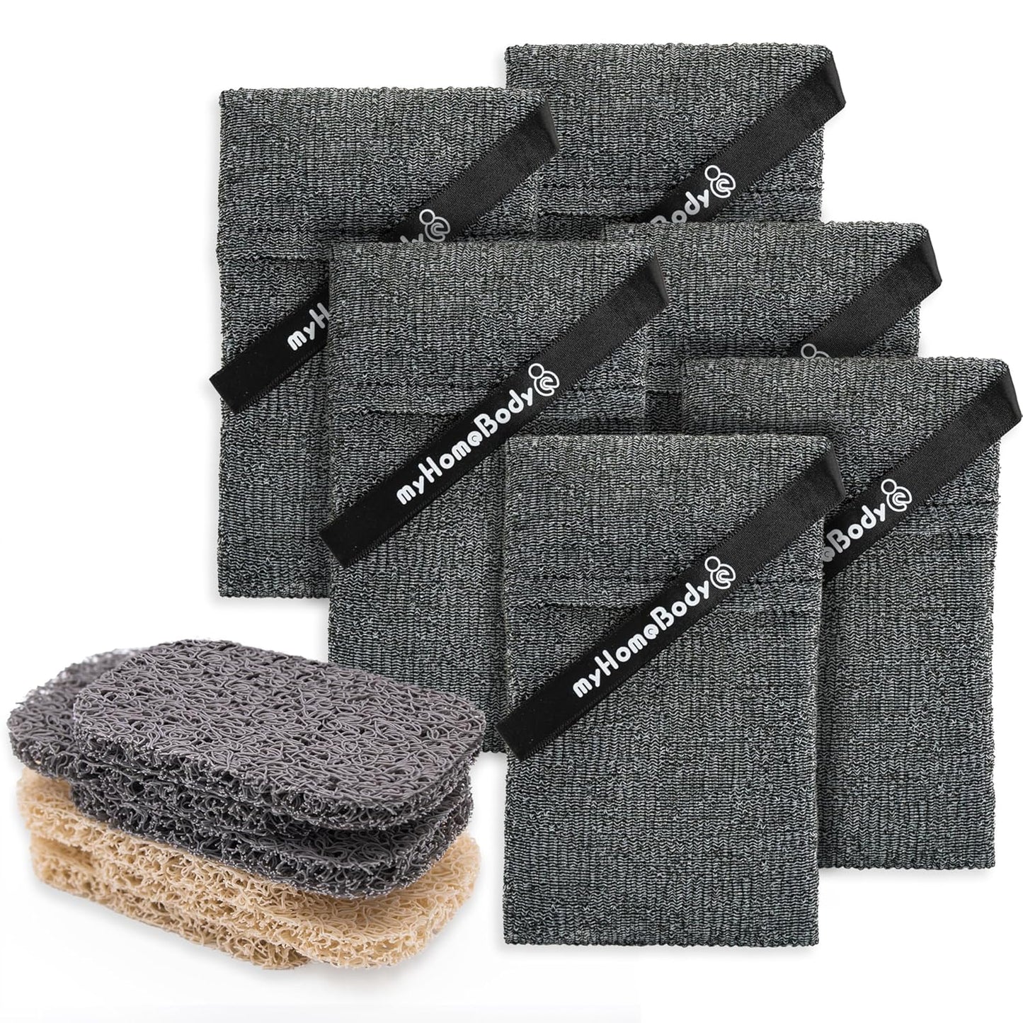 Exfoliating Soap Pocket Pouch - Body Scrubber Sponge for Bath & Shower | Graphite Gray, 6 Pack + 6 Lift Pads