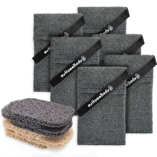 Exfoliating Soap Pocket Pouch - Body Scrubber Sponge for Bath & Shower | Graphite Gray, 6 Pack + 6 Lift Pads
