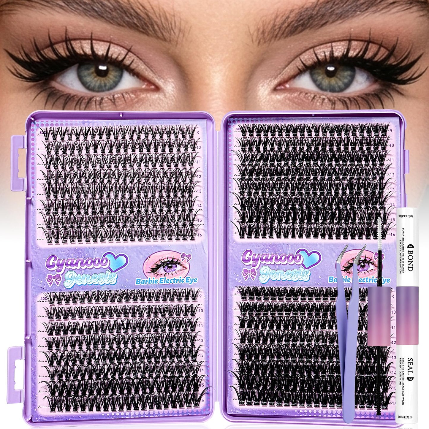 Lash Clusters Kit 640pcs 30D 40D 50D 60D D Curl 9-16mm Individual Lashes Fluffy Wispy Lightweight Thin Band DIY Eyelash Extensions with Bond and Seal + Tweezers for Beginners At Home Natural Full Look