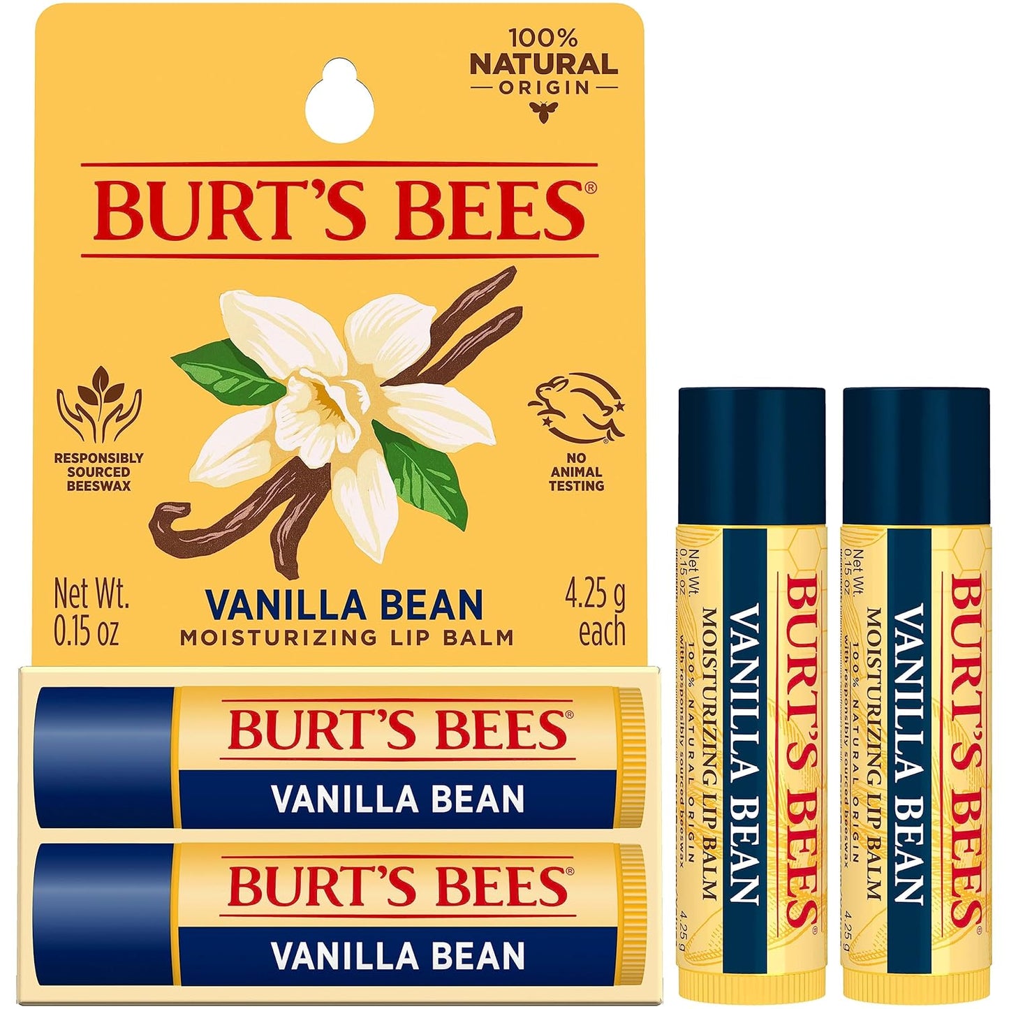 Burt's Bees Vanilla Bean Lip Balm - 100% Natural Moisturizer | 2 Tubes, 0.15 oz Each