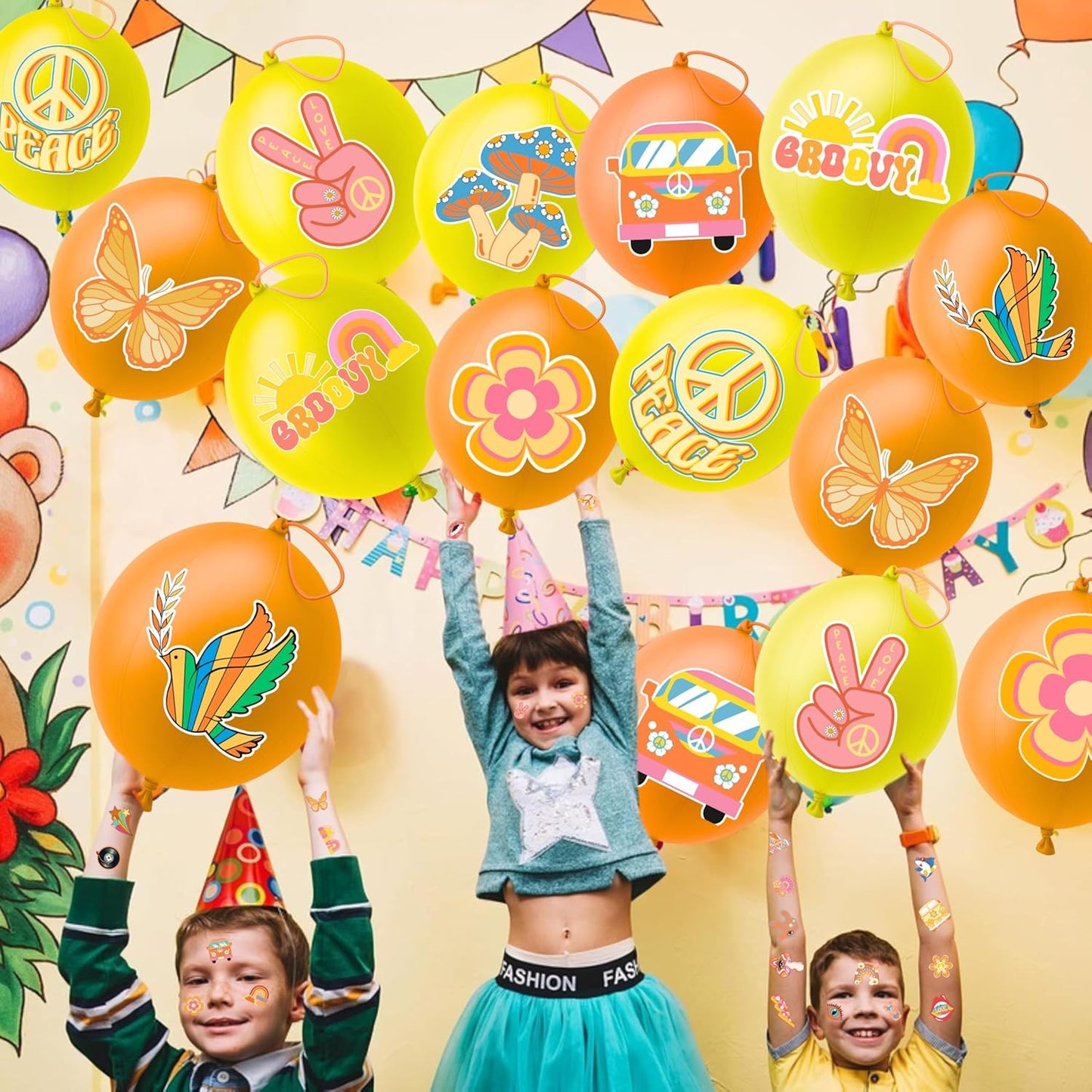 Groovy Party Favors - 72 PCS Set with 48 Pre-Cut Temporary Tattoos & 24 Punch Balloons | Birthday Decorations & Goodie Bag Fillers