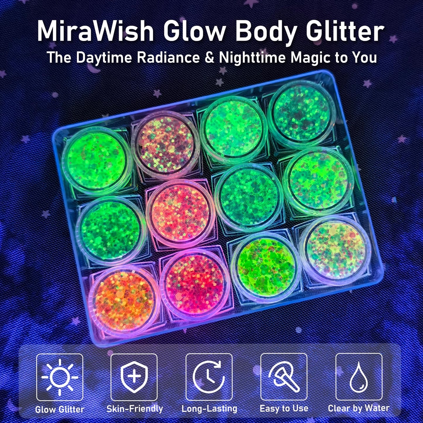 MiraWish 12 Colors Glow Body Glitter Gel, Glow in The Dark Hair Face Glitter Gel, Rave Accessories for Festivals Carnival UV Black Light Party