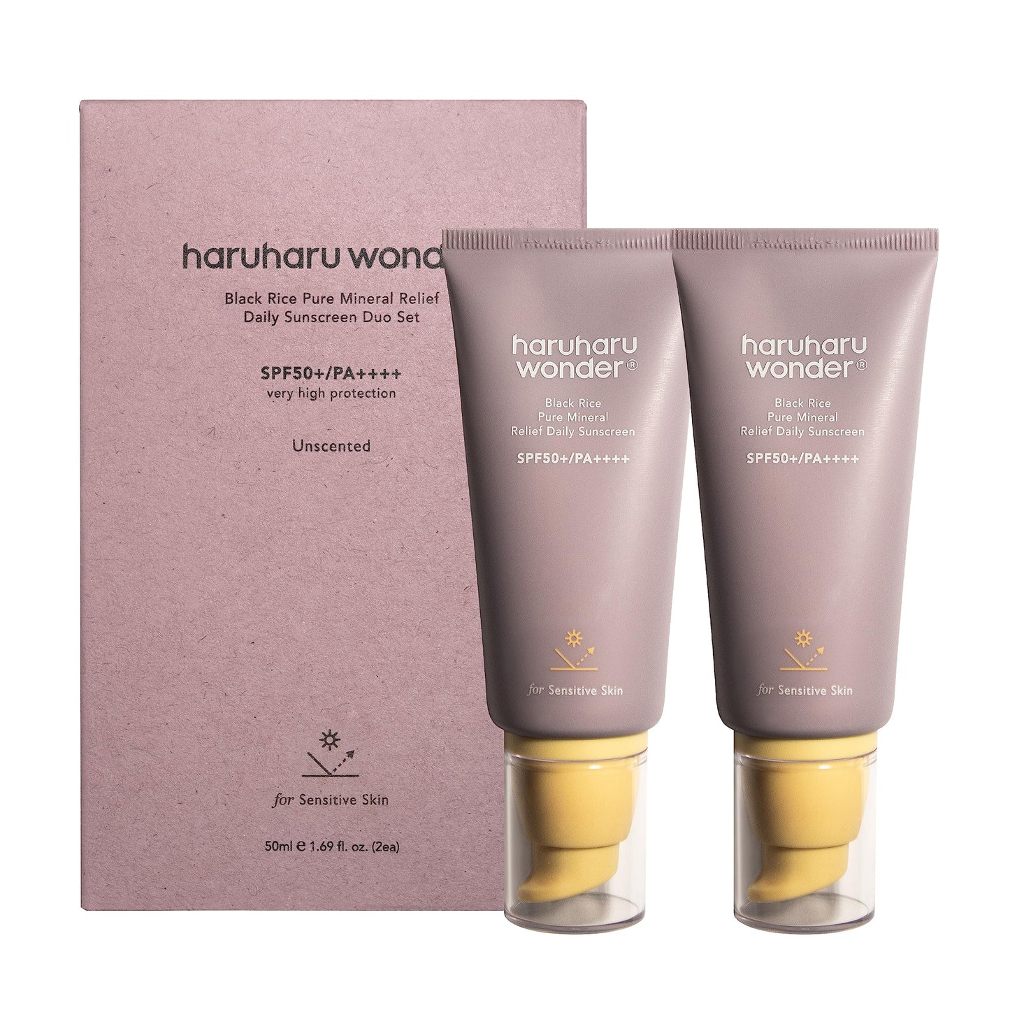 Haruharu Wonder Black Rice Pure Mineral Relief Daily Sunscreen, SPF50+/PA++++, Broad Spectrum UVA/UVB, Octinoxate & Oxybenzone Free, Hyaluronic Acid, Niacinamide, 1.69fl.oz (Pack of 2)