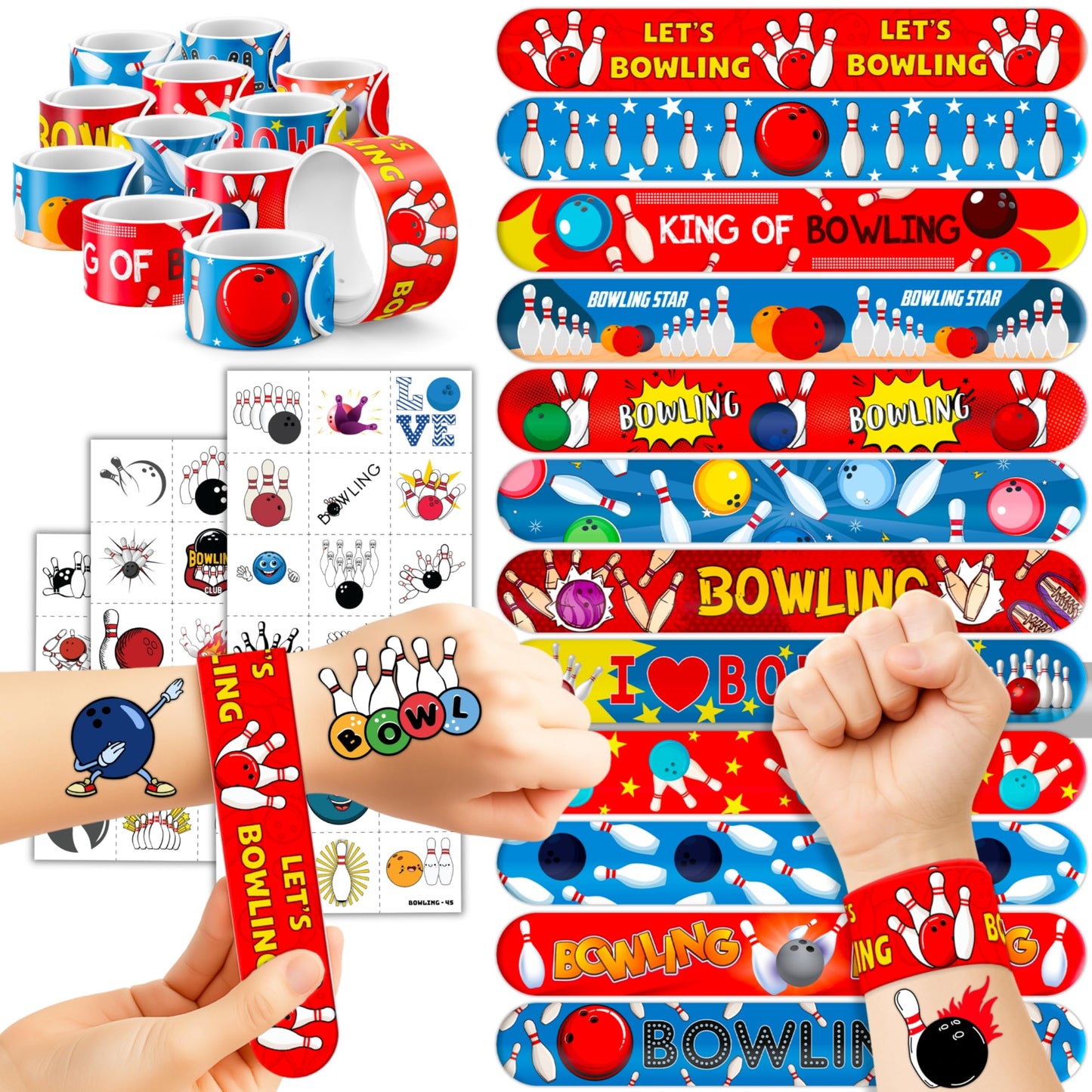 72 PCS Bowling Party Favors Set | 48 PCS Temporary Tattoos & 24 PCS Slap Bracelets Fun Bowling Themed Gifts for Kids, Girls and Boys, Birthday Parties, Baby Showers, Classroom Rewards & Sports Events