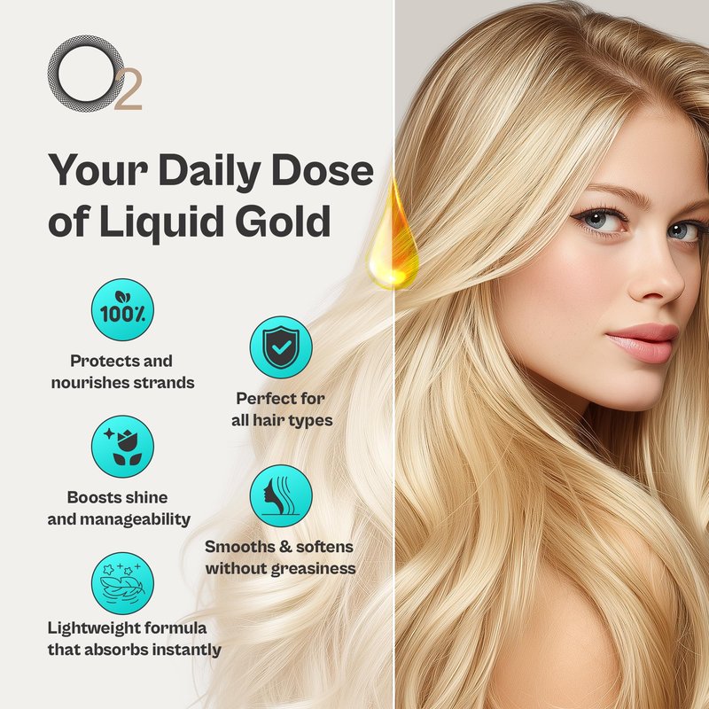 O2 Liquid Gold Replenishing Argan Oil Treatment – Lightweight Conditioning Formula That Repairs Split Ends, Eliminates Frizz, Adds Shine, and Strengthens Hair for a Smooth, Polished Finish