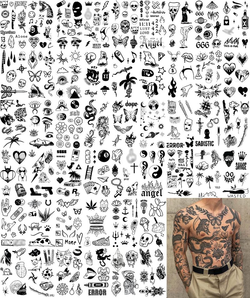 Impressed 48 Sheets Custom Unisex Ignorant Patchwork Temporary Tattoos - Small Semi Permanent Minimalist Black Fake Flash Tattoo for Women and Men - Micro Tiny Adult Hand, Sleeve, Finger Tat for Teens