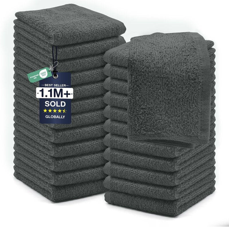 DAN RIVER 24 Pack Wash Cloths for Showering [12x12] - 100% Cotton Washcloths Premium Quality Flannel Face Cloths for Bathroom, Highly Absorbent and Soft Feel Wash Clothes, Gray