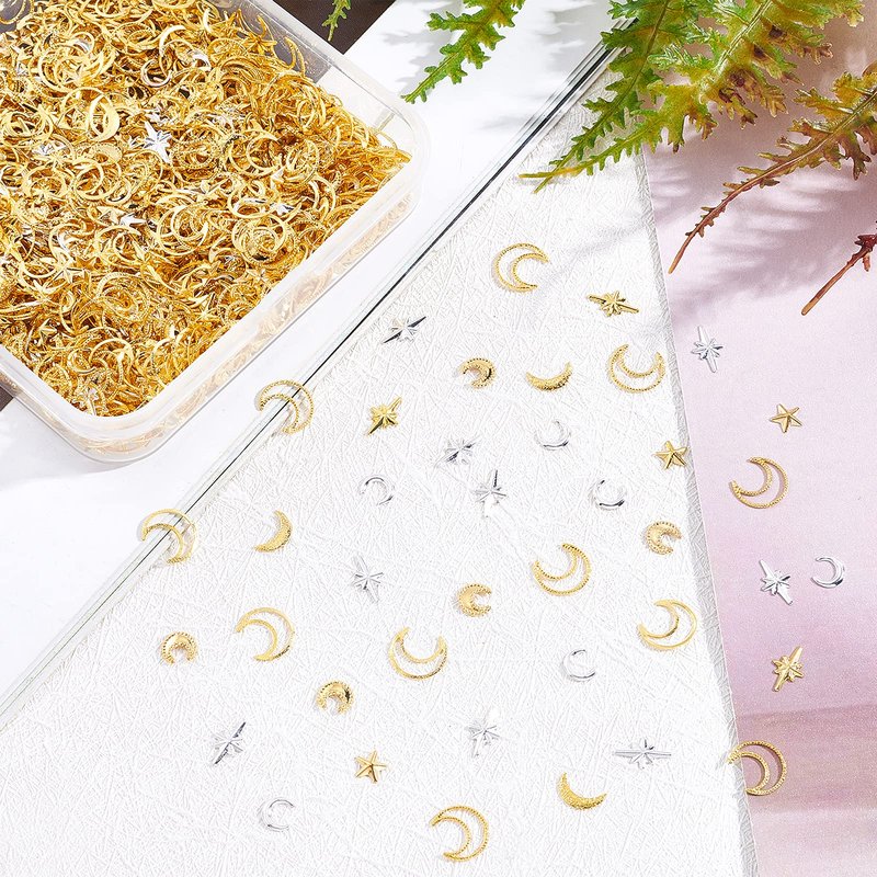 OLYCRAFT 1800Pcs Star Moon Resin Fillers Cosmos Theme Brass Charms Cabochons Hollow Moon Epoxy Resin Accessories Alloy Epoxy Resins Supplies Nail Art Decoration - Golden & Sliver