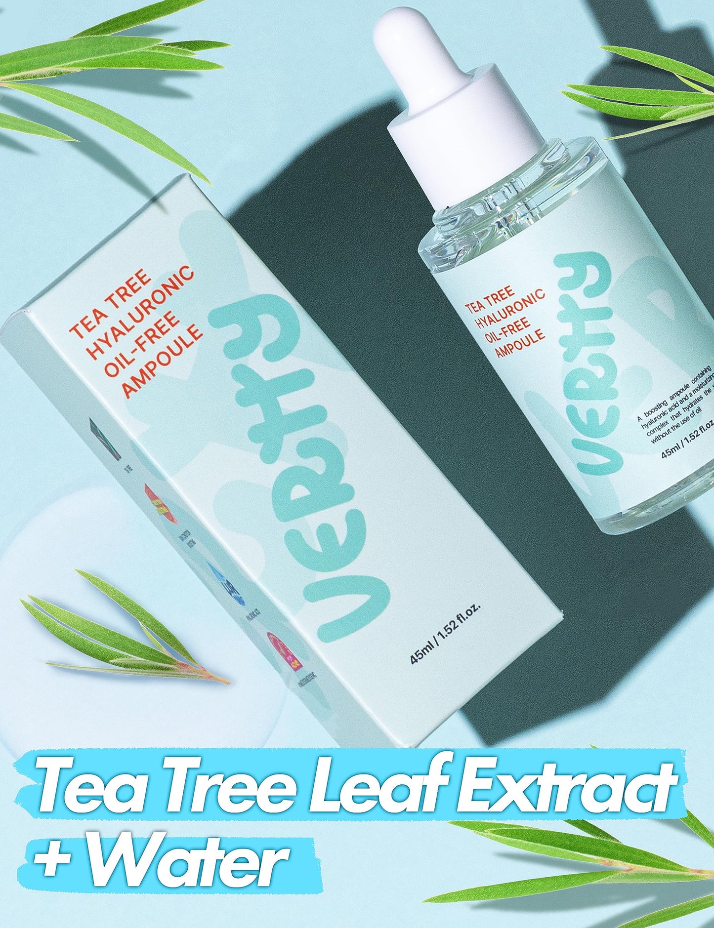 Vertty Tea Tree Hyaluronic Oil Free Ampoule | Hydrating, Moisturizing, Redness Relief Serum | Blemish Skin Corrector Serum | Non-Comedogenic Moisturizer for face | Long-lasting Hydration (1.5oz)