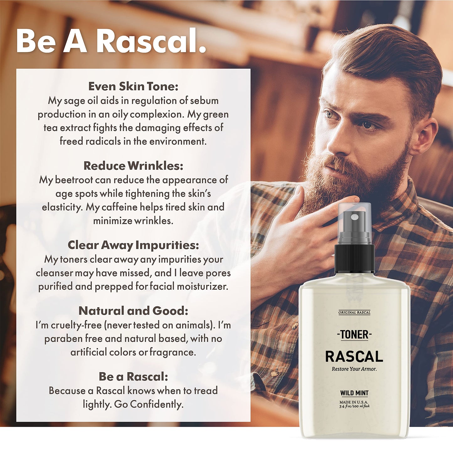 Rascal Face Toner for Men - Sage Oil, Beetroot & Caffeine to Reduce Wrinkles and Clear Away Impurities (3.4 Fl Oz)