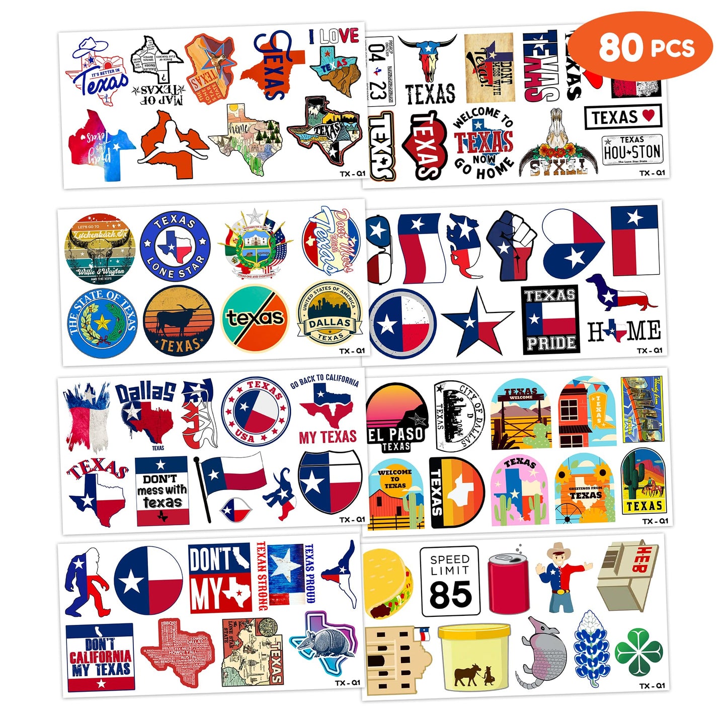 Texas State Map Flag Pride Stickers Temporary Tattoos Themed Birthday Party Decorations Favors Supplies Decor (80 PCS) Cute USA Houston Tattoo Sticker Gifts for Kids Boys Girls School Prizes Carnival