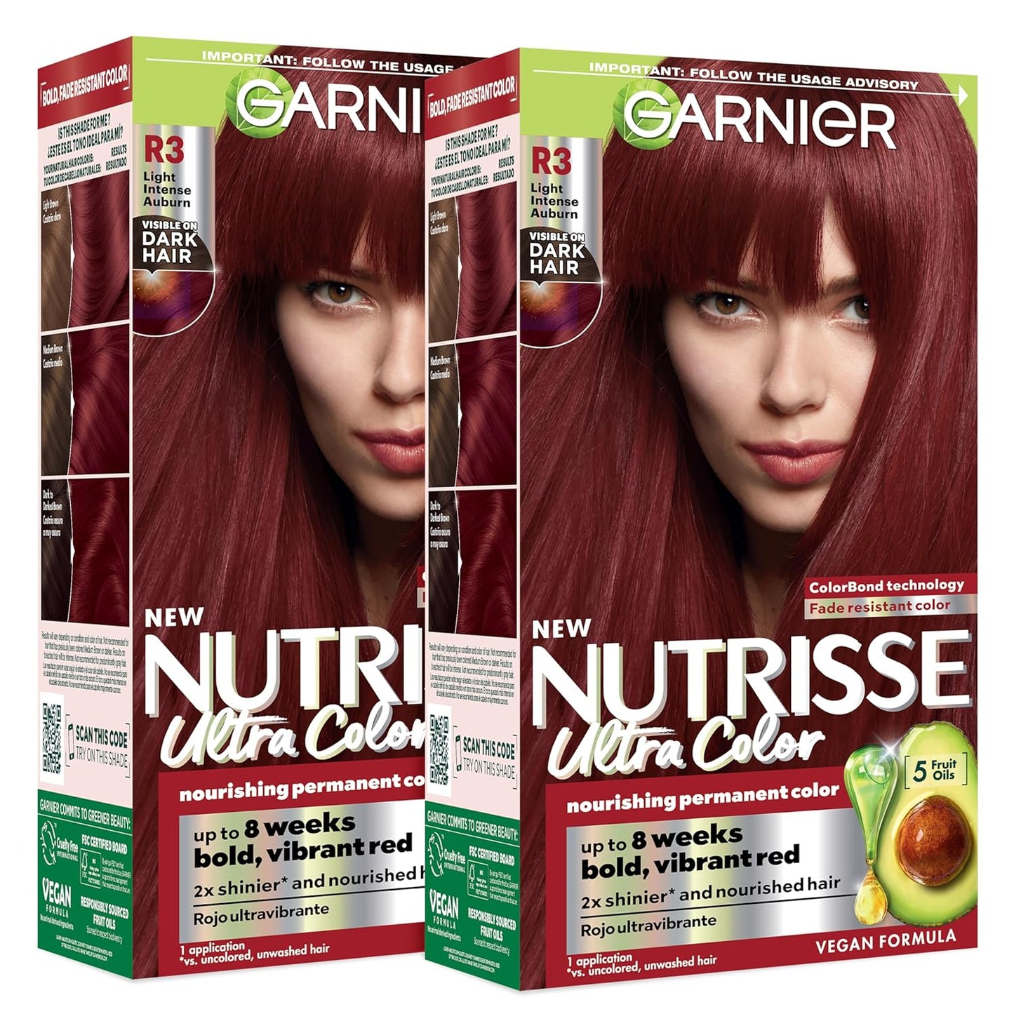 Garnier Nutrisse Ultra Color Permanent Hair Dye | R3 Light Intense Auburn, Vegan & Fade-Resistant, 2 Count