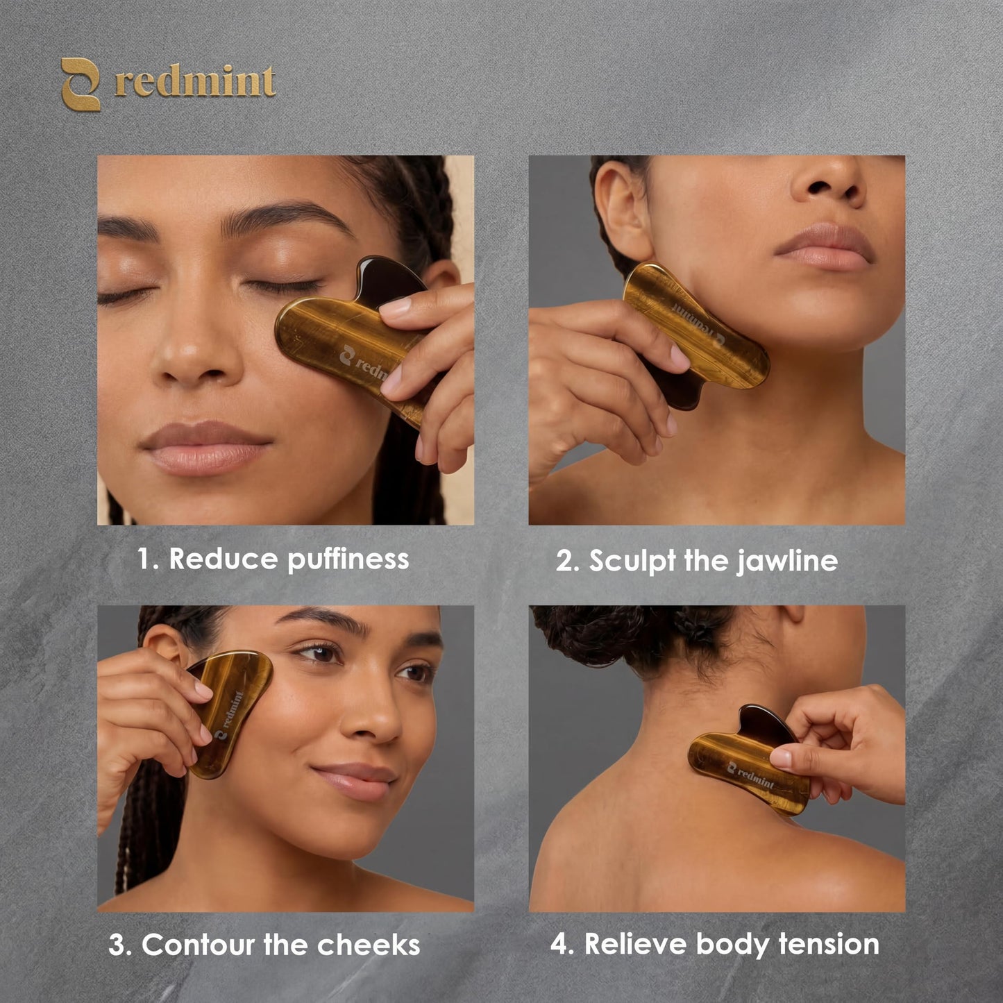 Redmint Tiger Eye Gua Sha Tool for Face, Natural Face Stone Gua Sha Facial Massage Tool for Puffiness Reducing, Jawline Sculpting, Lymphatic Drainage Support, Skin Care Routine