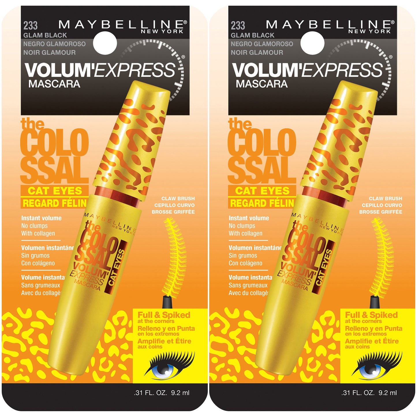Maybelline New York Volum' Express The Colossal Cat Eyes Washable Mascara Makeup, Glam Black, 2 Count, Washable Glam Black