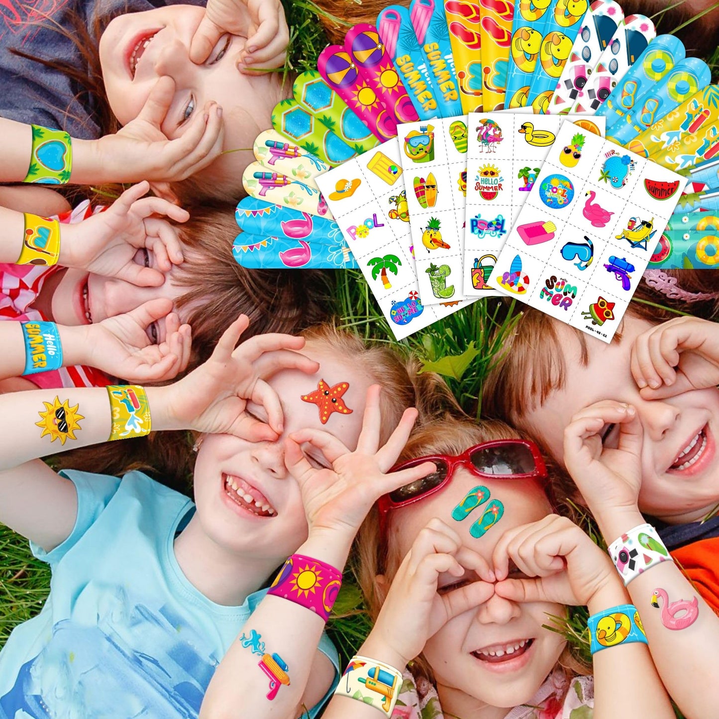 Cherisnowy 72PCS Pool Beach Summer Party Favors, Tattoos & Slap Bracelets