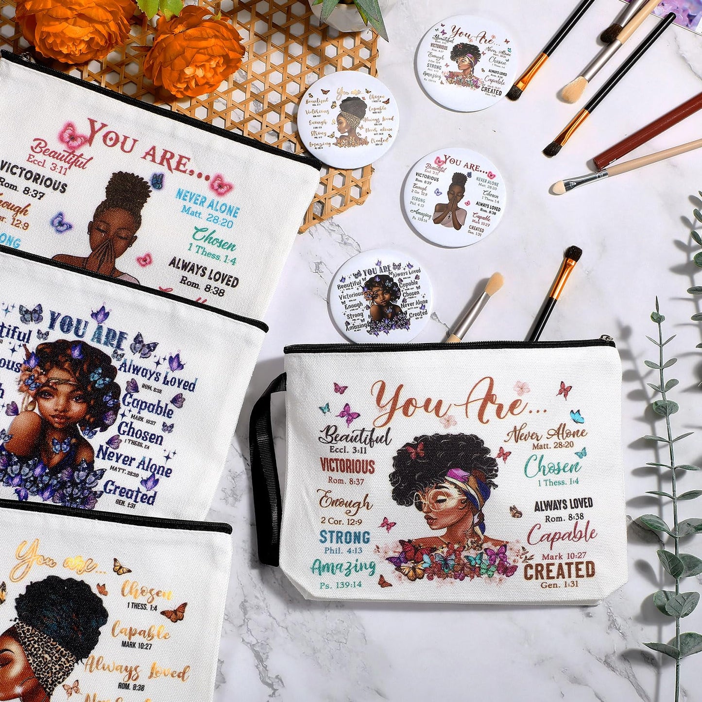 Roowest 40 Pcs Black Women Gifts Bulk Makeup Bag with Inspirational Compact Mirrors, Funny Small Travel Cosmetic Gifts for Vbs Back to School Teacher Students Black Women