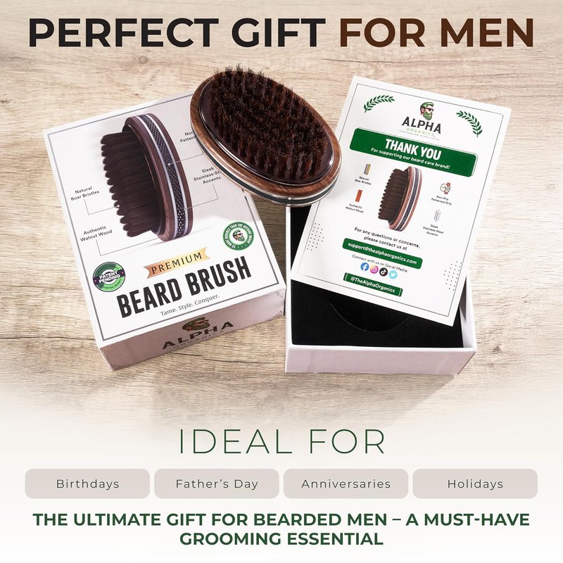 Premium Handmade Boar Bristle Beard Brush for Men - Natural Walnut Wood & Non-Slip Grip | Ideal for All Beard Lengths