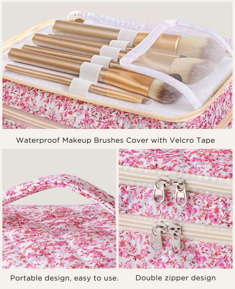 HBselect 2Pcs Travel Makeup Bag, Large Cotton Quilted Makeup Bag Cosmetic Bag Cute Make up Bag Toiletry Bags for Women Girls