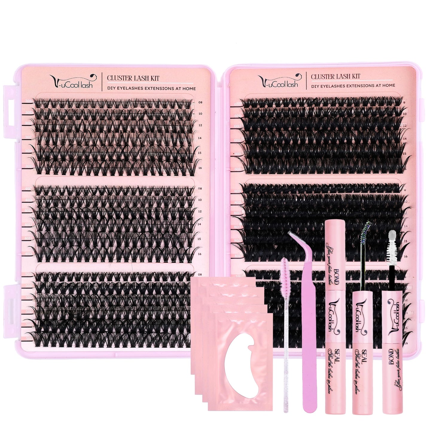 V-uCool 708 Pcs DIY Lash Clusters Kit, D Curl 30D–100D 8–16mm Mix, Fluffy Wispy Cluster Lashes with Bond & Seal, Tweezer, 5 Pads & Brush