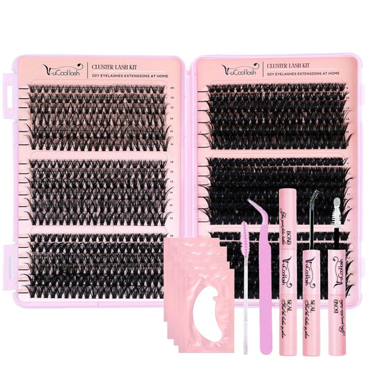 V-uCool 708 Pcs DIY Lash Clusters Kit, D Curl 30D–100D 8–16mm Mix, Fluffy Wispy Cluster Lashes with Bond & Seal, Tweezer, 5 Pads & Brush