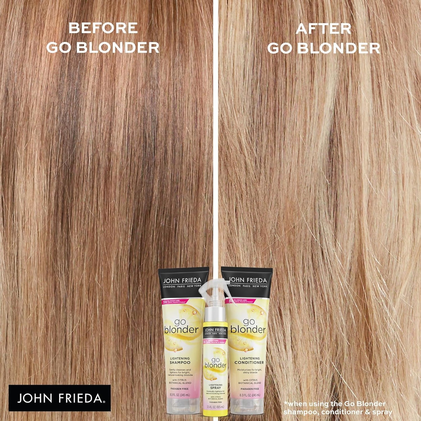 John Frieda Go Blonder Shampoo & Conditioner Set - Lightens Blonde Hair Gradually | Paraben-Free, 8.3 oz, 2-Pack