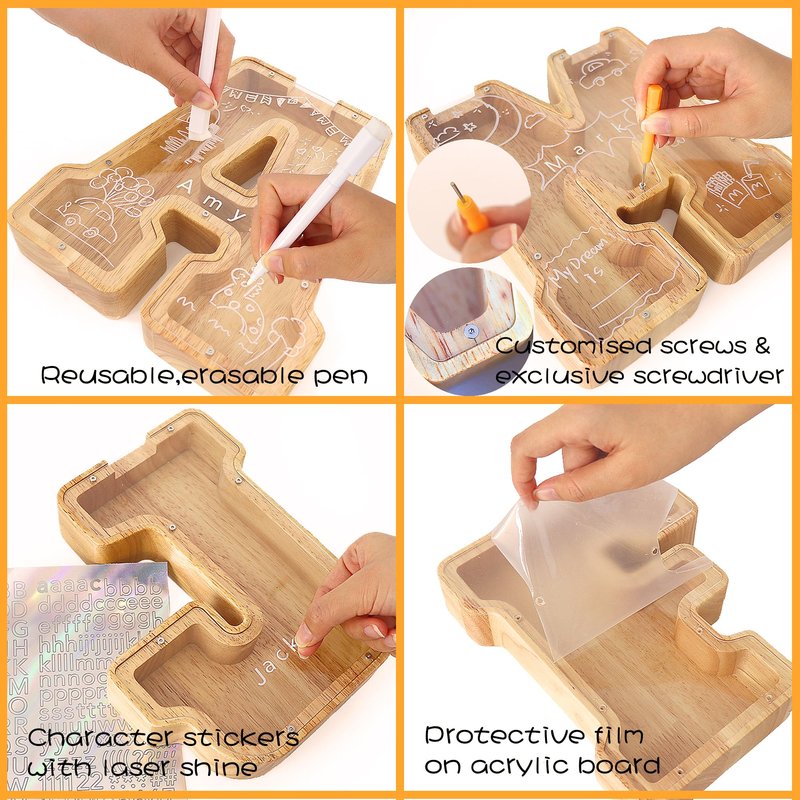 weallbuy Large Letter Piggy Bank for Kids Boys Girls Wooden Personalized Piggy Banks A-Z with Target Area Clear Alphabet Banknote Coin Banks for Gift Decoration Baptism (M)