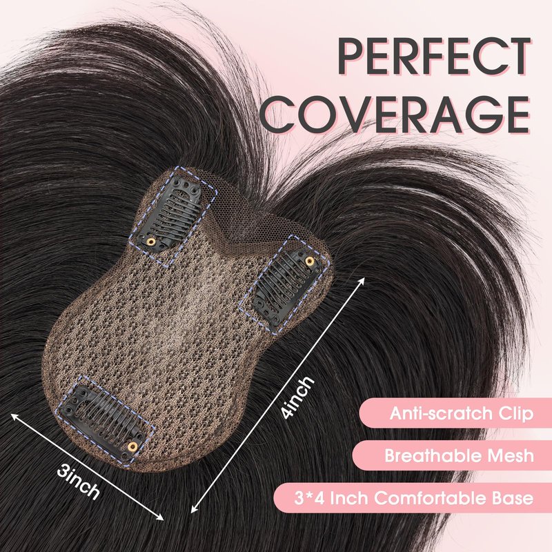 TESS Hair Topper Real Human Hair Toppers for Women with Thinning 11 Inch 360° Cover Clip in with Bangs Upgrade Lace Base Daily Wear, Nature Black