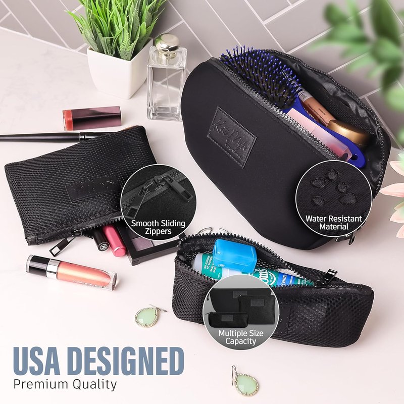 Neoprene Travel Makeup & Cosmetic Bag Set - 2 Air Mesh Pouches | Large Water-Resistant Toiletry Bag (Jet Black)