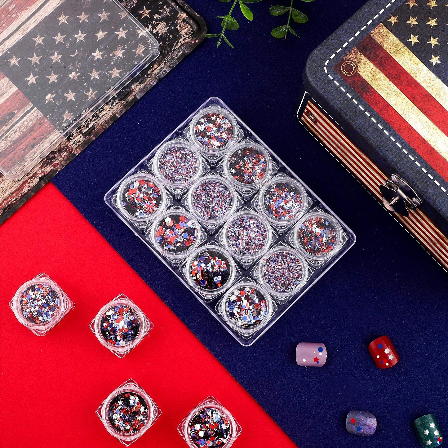 12 Boxes 4th of July Nail Glitter Independence Day 250th Anniversary Patriotic Nail Art Star Sequins Holographic Red Blue Silver Mixed Sparkly Sequins for Women Girls Decoration