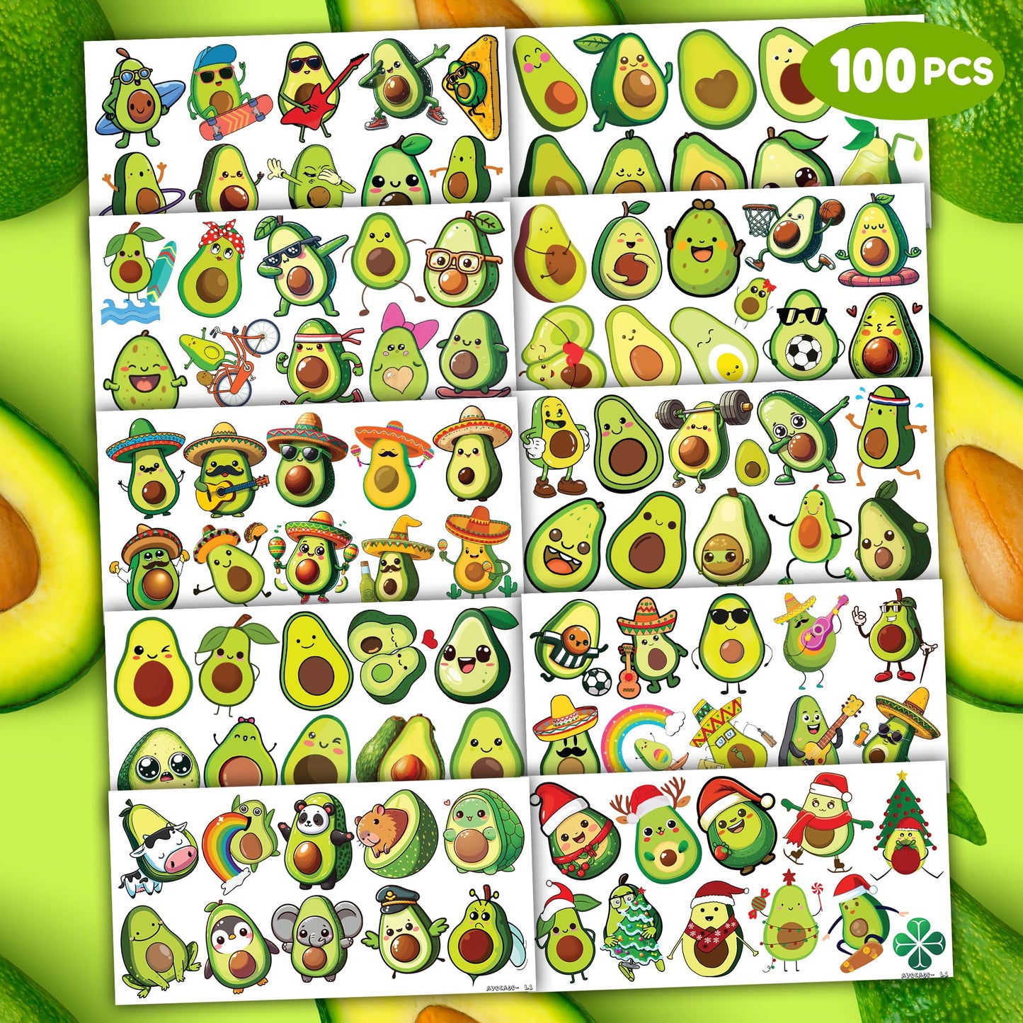 100 PCS Funny Avocado Temporary Tattoos for Kids