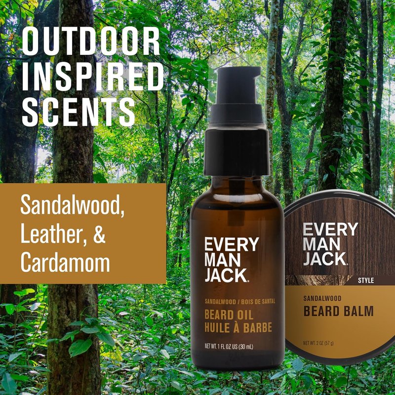Every Man Jack Beard Grooming Kit - Sandalwood Beard Oil, Balm, Brush & Dual-Sided Comb | Complete Care Set