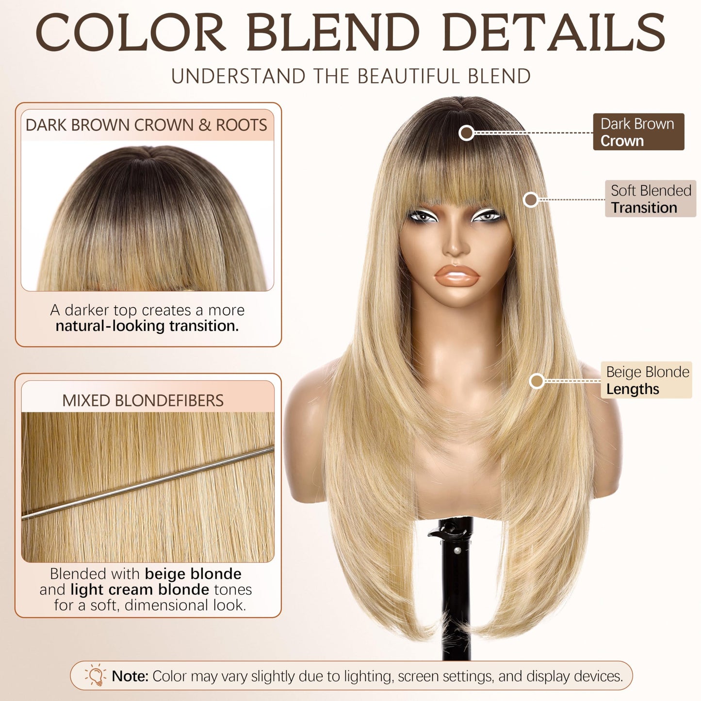 Nnzes Ombre Blonde 26-inch Long Wig with Bangs for Women - Straight Layered Style, Realistic Scalp, Freestyle Parting, Natural-Looking & Heat-Resistant Synthetic Hair for Daily and Party Use