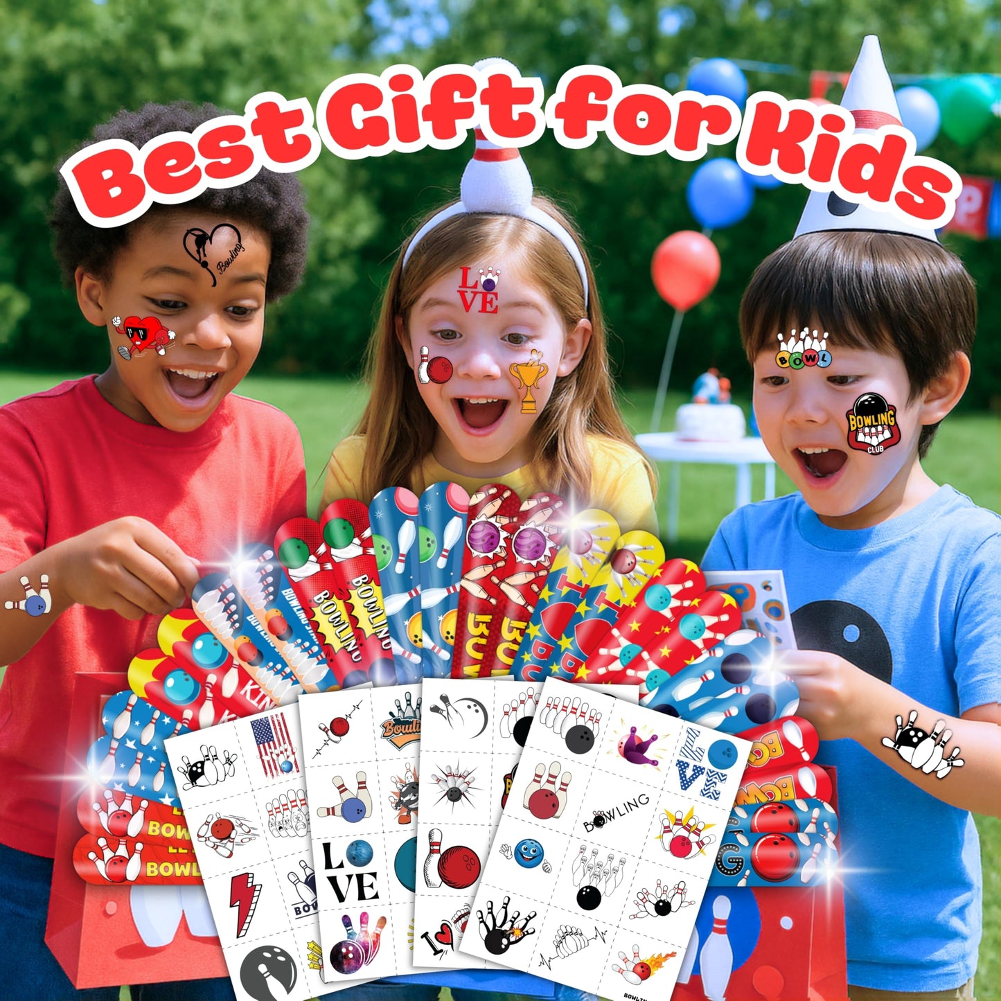 72 PCS Bowling Party Favors Set | 48 PCS Temporary Tattoos & 24 PCS Slap Bracelets Fun Bowling Themed Gifts for Kids, Girls and Boys, Birthday Parties, Baby Showers, Classroom Rewards & Sports Events