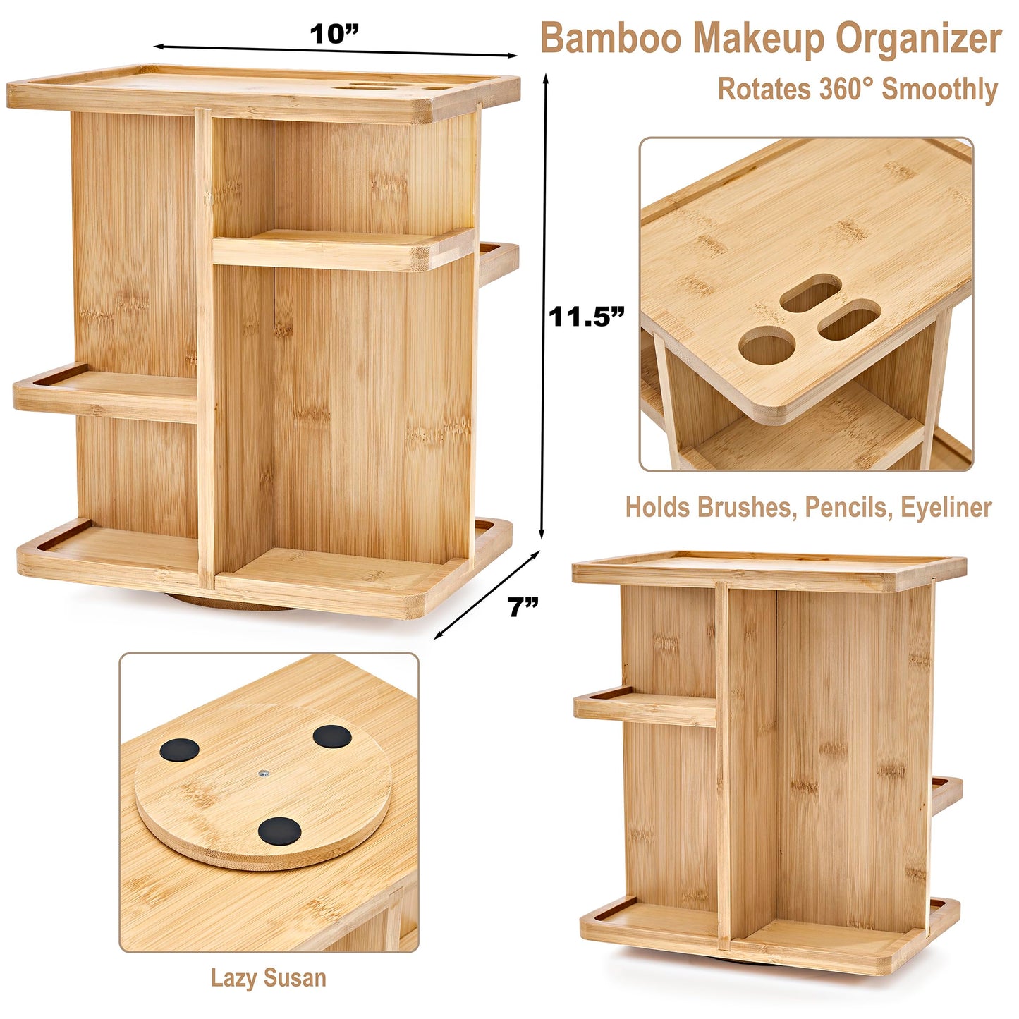Sorbus 360° Makeup Organizer - Bamboo Wood Make Up Storage Carousel for Cosmetics, Skin Care Rotating Makeup Organizer for Vanity, Bathroom Storage