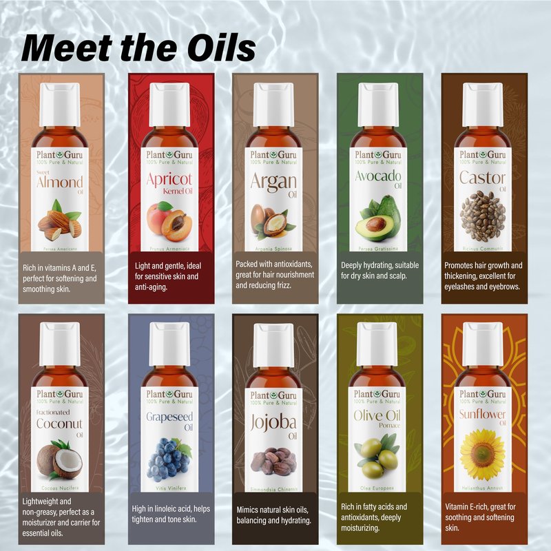 Top 10 Carrier Oil Variety Set 2 oz - Cold Pressed 100% Pure Natural, Sweet Almond, Apricot Kernel, Argan, Avocado, Castor, Fractionated Coconut, Grapeseed, Jojoba, Olive and Sunflower.