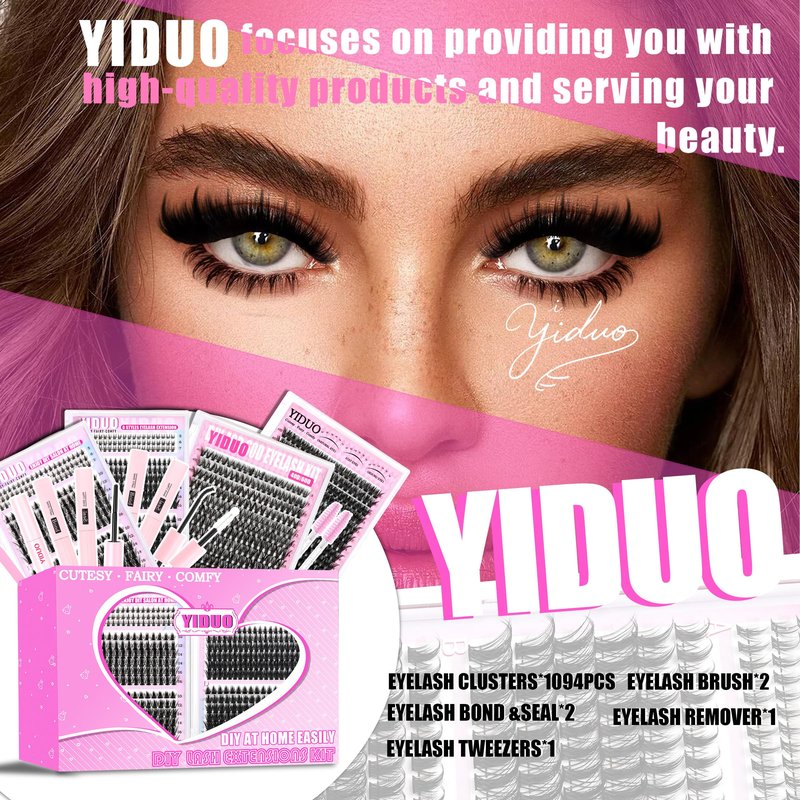 YIDUO Manga Lash Clusters Kit 40D+60D+80D+100 Fairy Spikes+Bottom Clusters Lashes Extensions Kit with 2X Bond and Seal 1094 Pcs 8-18mm Wispy Individual Eyelash Cluster Kit DIY at Home Easily