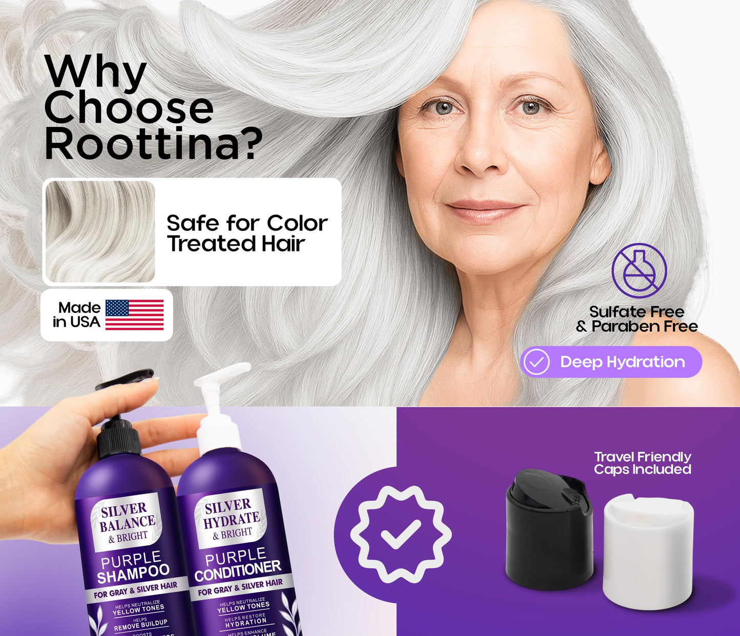 ROOTTINA Sulfate Free Brass Toning Purple Shampoo and Conditioner Set for Grey and Silver Hair, Moisturizing & Color-Safe, Enhances Shine & Brightness, Made in USA, (16 fl oz each)