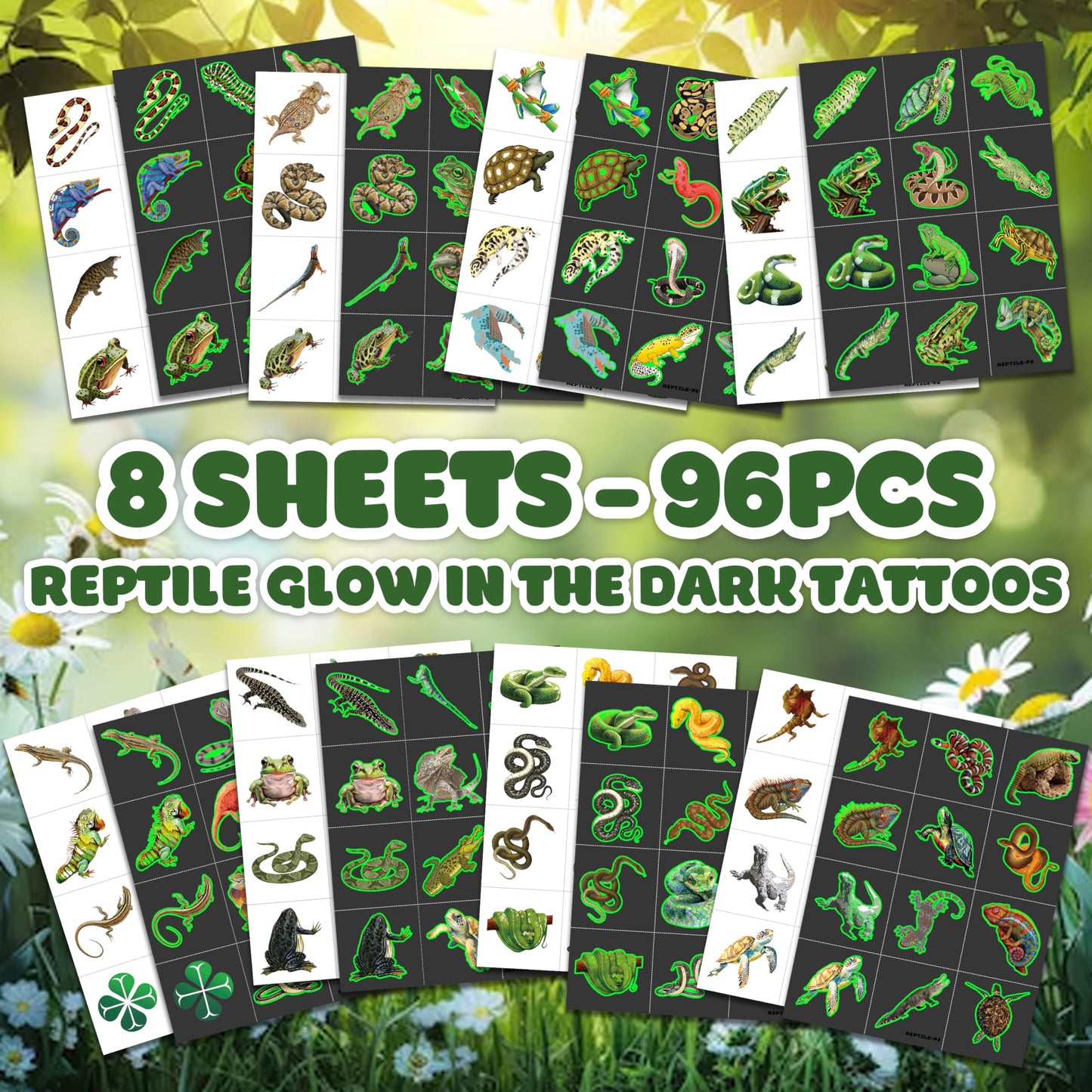 96 PCS Reptile Luminous Temporary Tattoos Glows Pre-Cut Birthday Party Decorations Favors Supplies Lizard Snake Turtle Safari Animals Stickers For Boys Girls Gift School Prizes Rewards (Luminous)