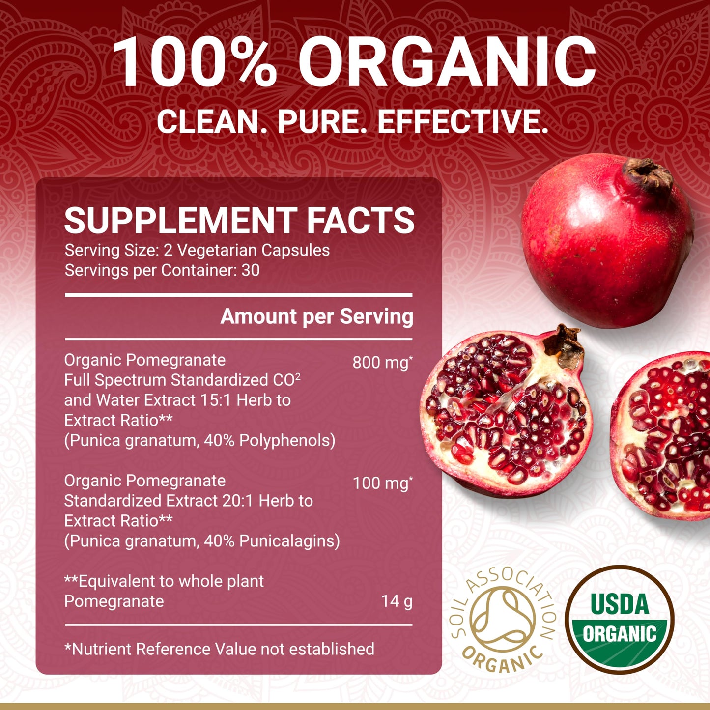 Pomegranate Extract Supplement - Ellagic Acid, High Punicalagins | USDA Certified Organic Pomegranate Supplement | Blend of Pomegranate Fruit, Seeds and Peel Extract | 60 Vegan Pomegranate Capsules