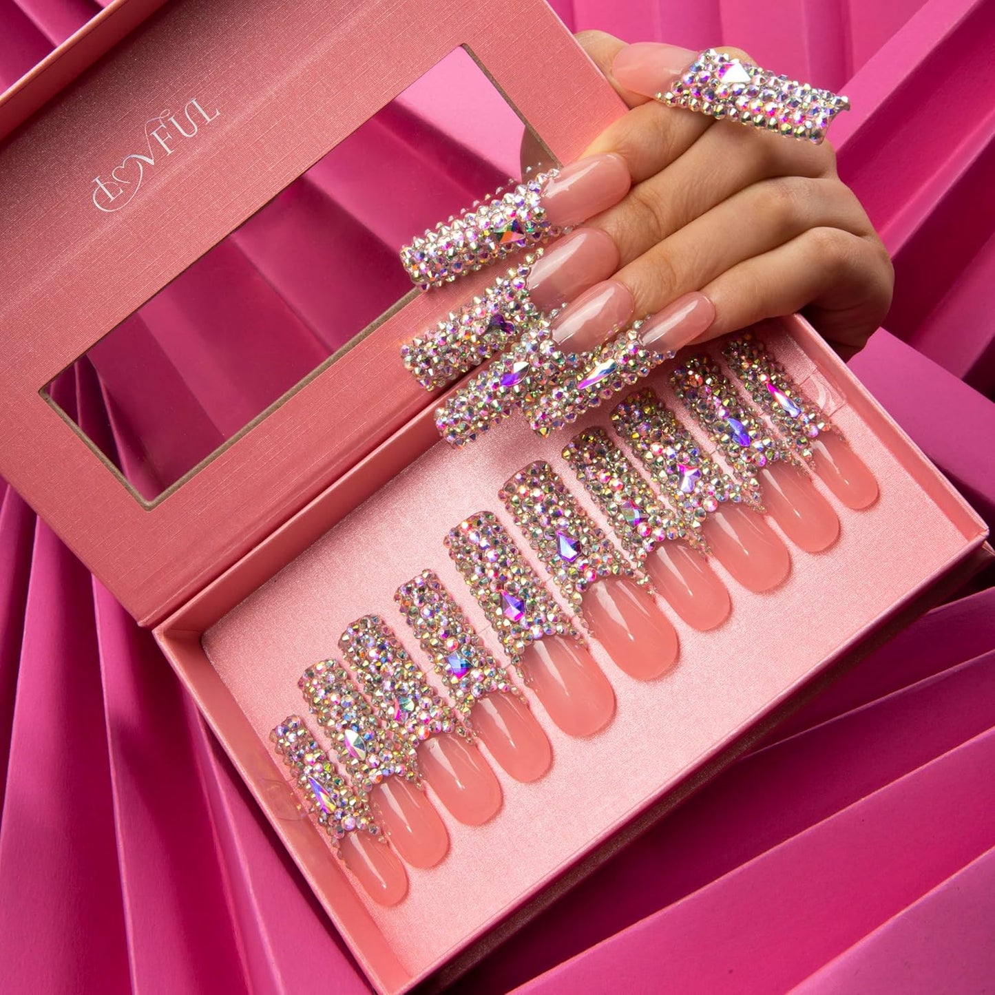 Press On Nails - Angel's Tear | Handmade Full-Covered Crystals | Reusable Square Long 2.2 in