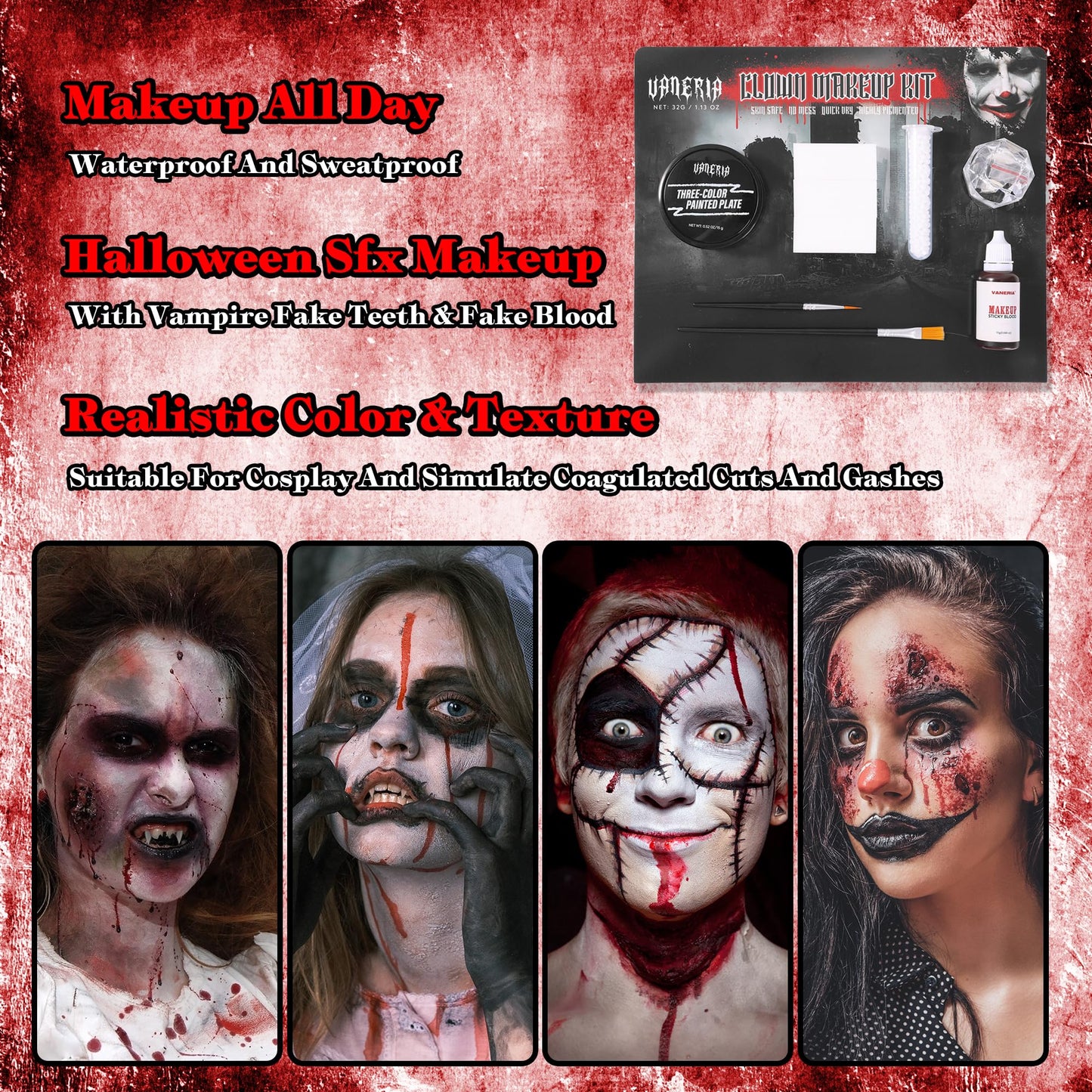 VANERIA Clown Makeup Halloween, Black White Red Cream Face Body Paint for Halloween, SFX Makeup Set with Vampire Teeth & Fake Blood, Clown Art Theater With Brushes