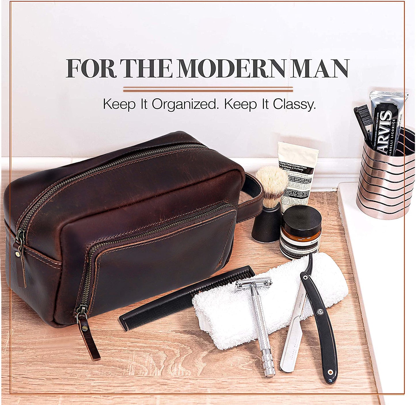 cuero Leather Brown Dopp Kit Unisex Travel Toiletry Cosmetic Pouch Shaving Kit Men Women (black)