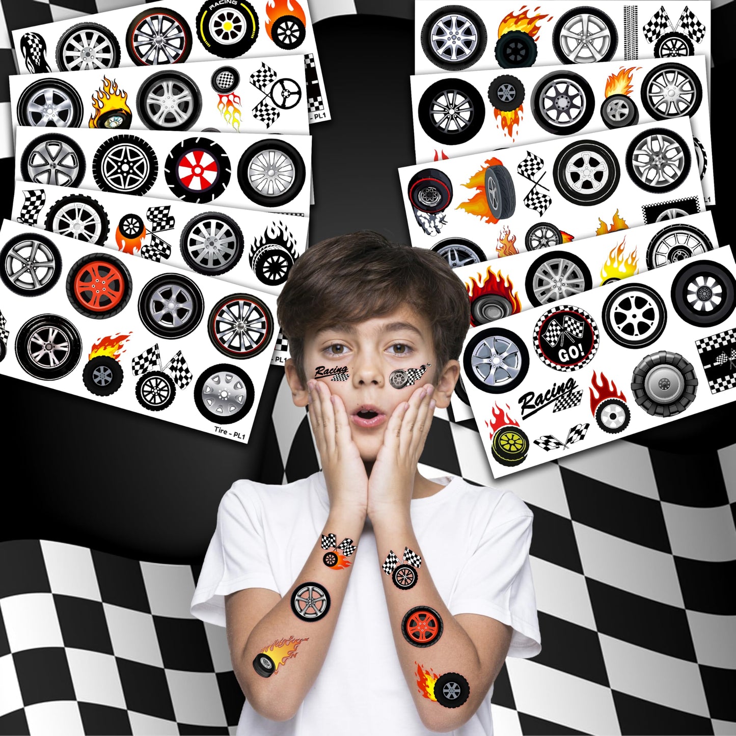100 PCS Wheel Tire Checkered Flag Temporary Tattoos Themed Birthday Party Decorations Favors Supplies Décor Race Car Black And White Tattoo Stickers Gifts For Game Boys Girls Classroom School Prizes