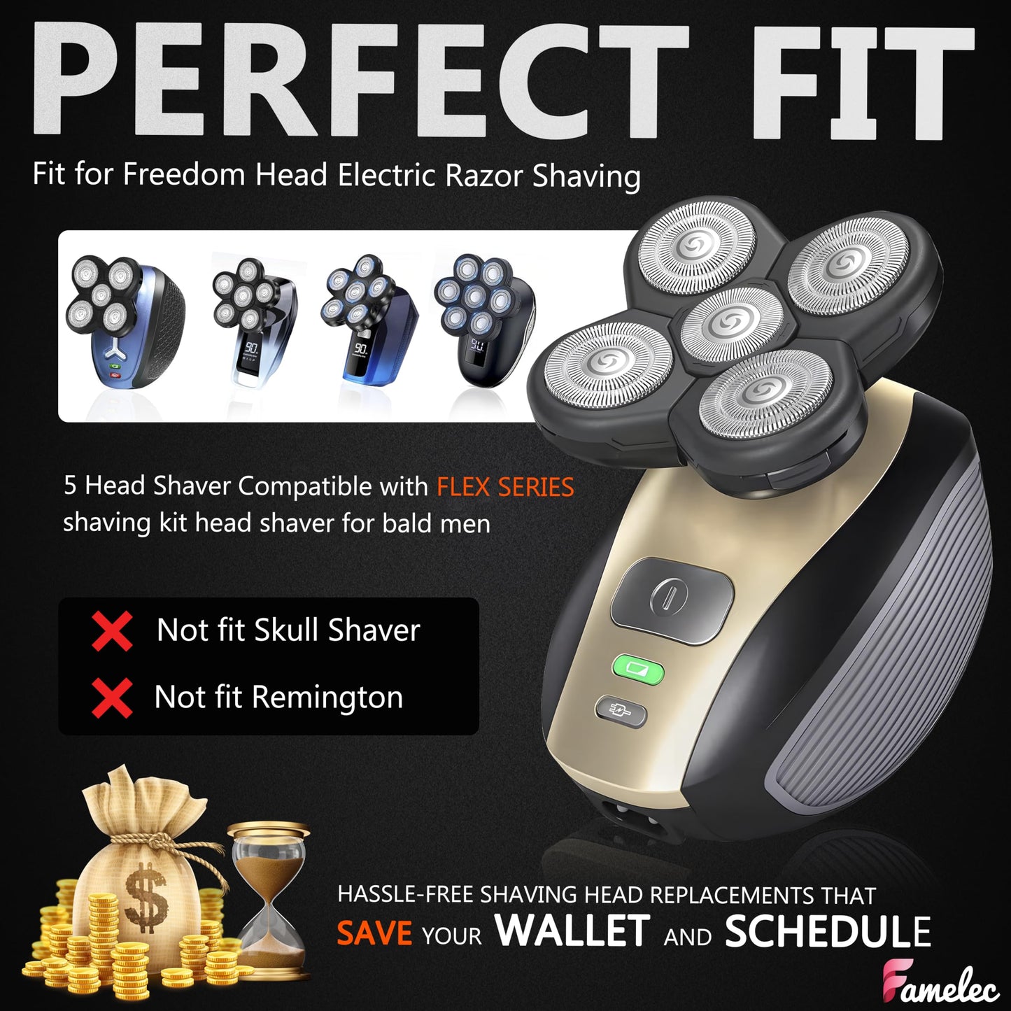 FAMELEC 3 Pack Freedom Shaver Heads Compatible with Freedom Grooming Replacement Blades for Bald Men Head Shaver Kit, Refills Waterproof Razor Kits Fit for Electric Razor Shaver Replacement Blades