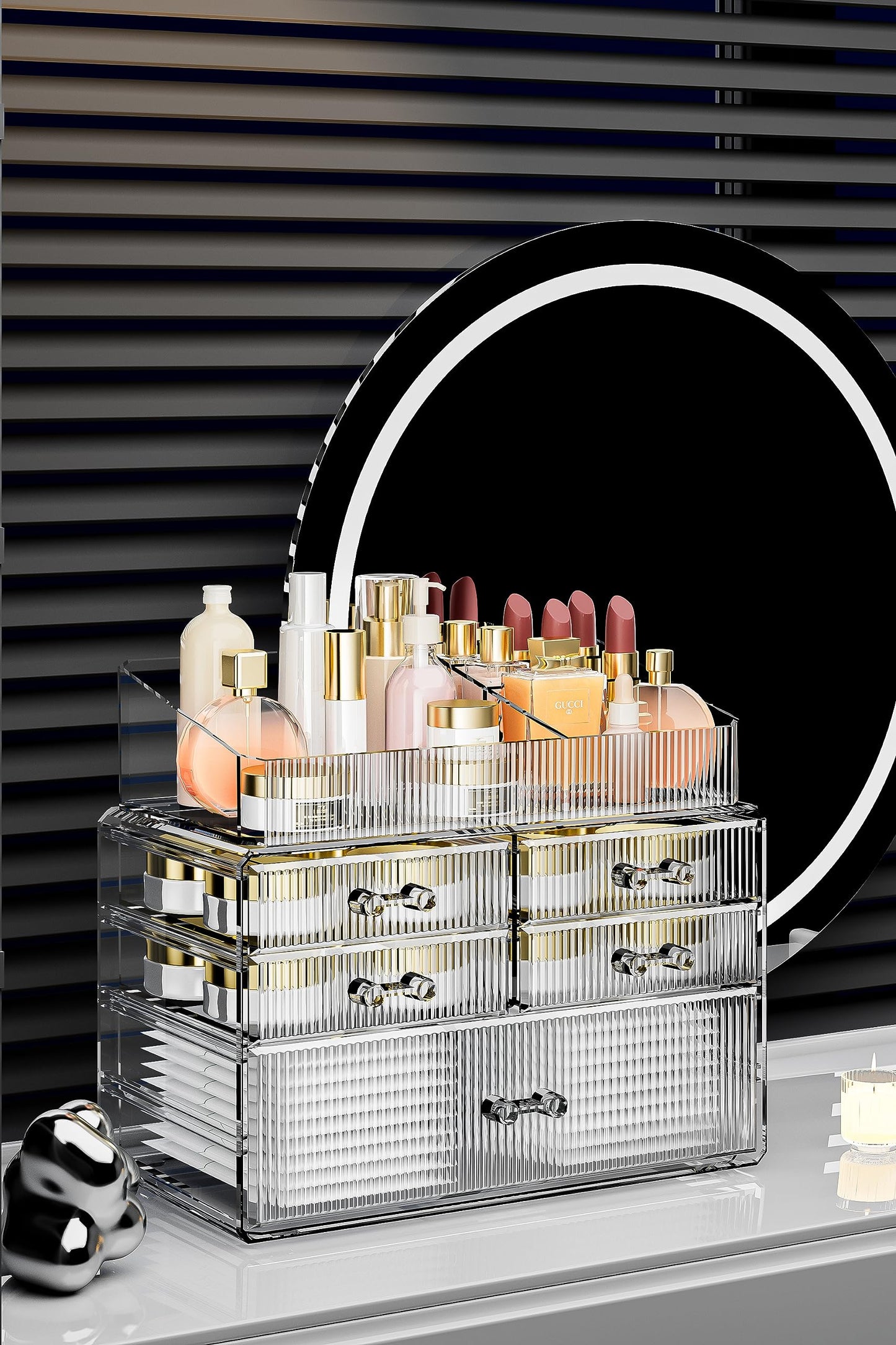 ZHIAI Stackable Organizer, Acrylic Cosmetic Organizer for Dresser, Vanity, Kitchen Cabinet, Bathroom, Under Sink, Home Organization and Storage (1 Top 5 Drawers)