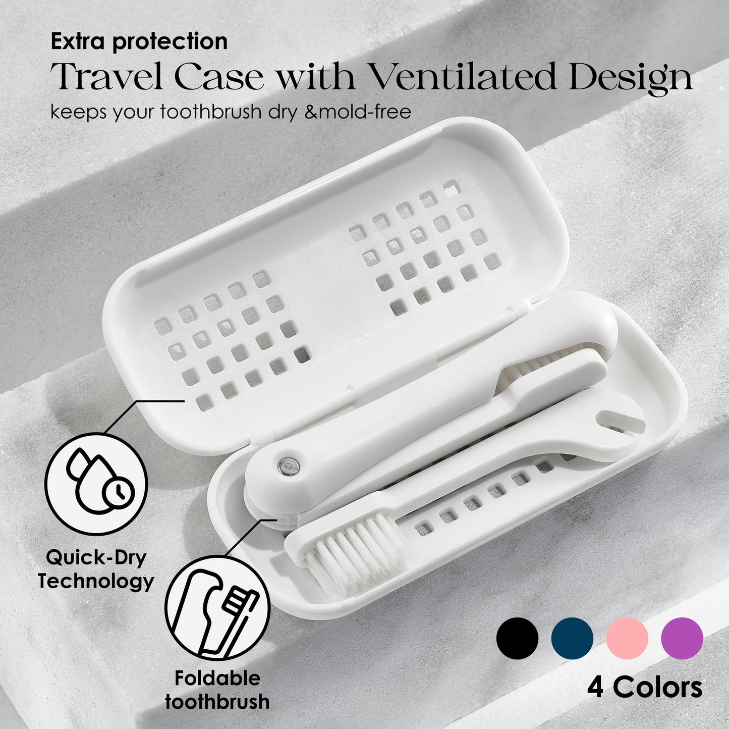 Minibox Folding Travel Toothbrush with Dual-Length Bristles & Case, Compact Mini Design for Business Trips, Camping, and Outdoor Activities, 1 Pack with 2 Extra Replaceable Brush Heads, Black & Purple